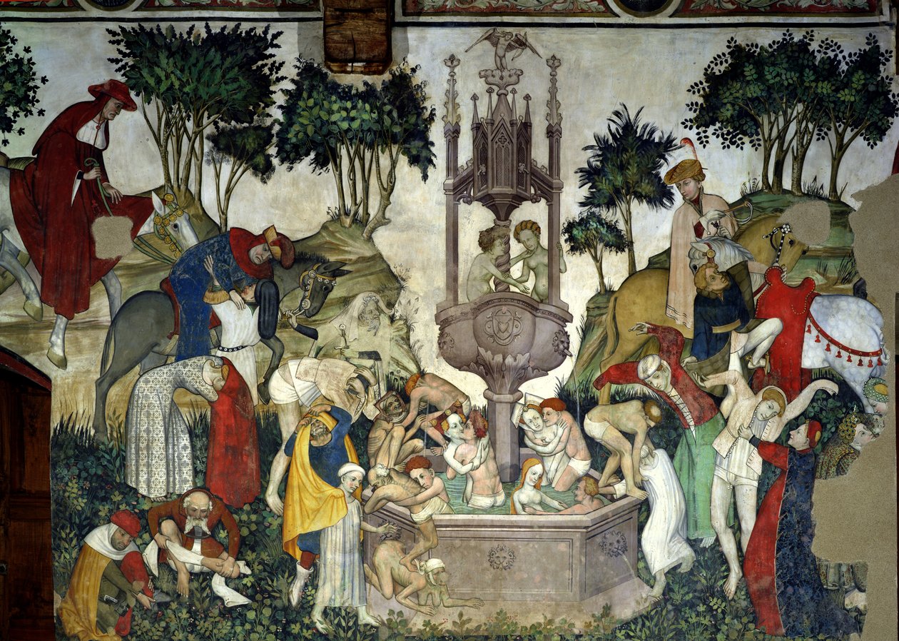 A fonte da vida, detalhe de pessoas chegando e tomando banho na fonte, 1418-30 de Giacomo Jaquerio
