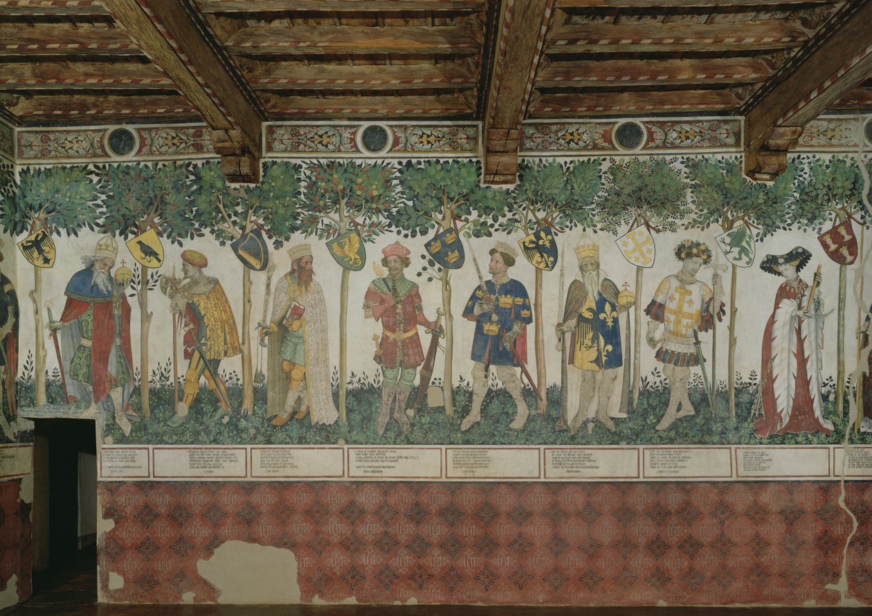 Os nove dignos e as nove mulheres dignas, detalhe de Júlio César, Josué, rei Davi, Judas Macabeu, rei Artur, Carlos Magno, Godfrey de Bouillon e Delphine, 1418-30. de Giacomo Jaquerio