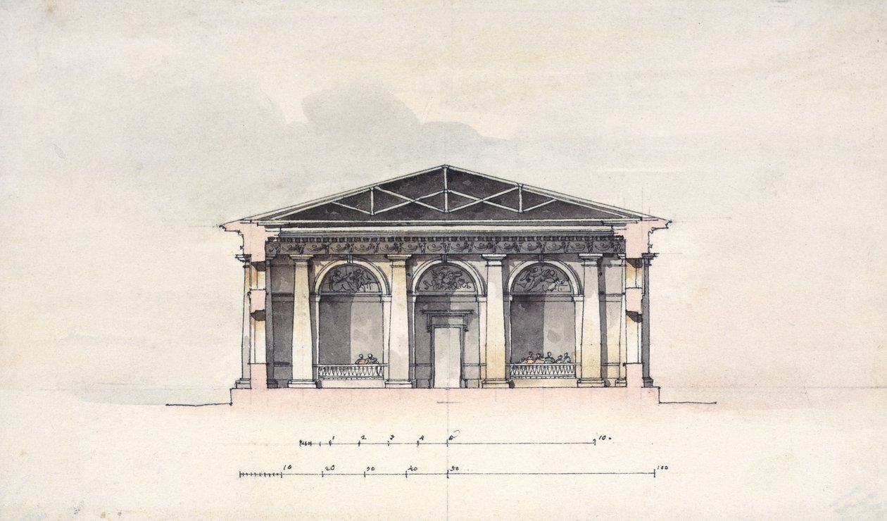 Vista da seção transversal dos estábulos de equitação em Tsarskoye Selo, 1792 (caneta e tinta no papel) de Giacomo Antonio Domenico Quarenghi