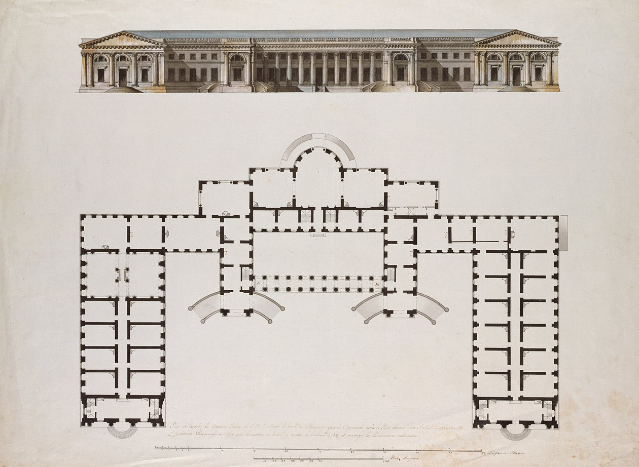 Elevação norte e planta do palácio de Alexander em Tsarkoe Selo, c.1780s (caneta e tinta preta e marrom, lavagem cinza e wc no papel) de Giacomo Antonio Domenico Quarenghi