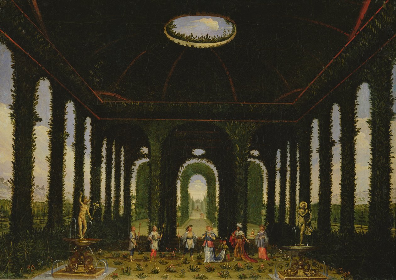 Ato III, cenas XI e XIII: jardim em forma de pavilhão de Giacomo Torelli