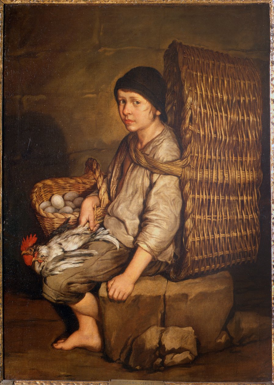 Menino de recados sentado com uma cesta nas costas, ovos e aves, c.1735 (óleo sobre tela) de Giacomo Ceruti