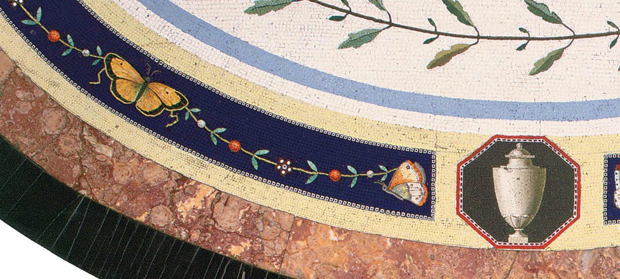 Mesa micromosaica, Roma, final do século 18 (mosaico, ébano montado em ormolu e madeira acetinada) de Giacomo (attr. to) Raffaelli