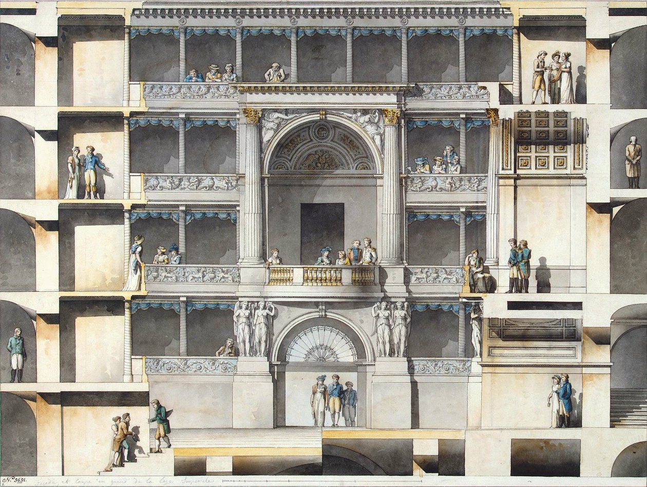 O Teatro Bolshoi Kamenny Imperial de São Petersburgo. Partes do auditório com a caixa dos czares, de Giacomo Antonio Domenico Quarenghi