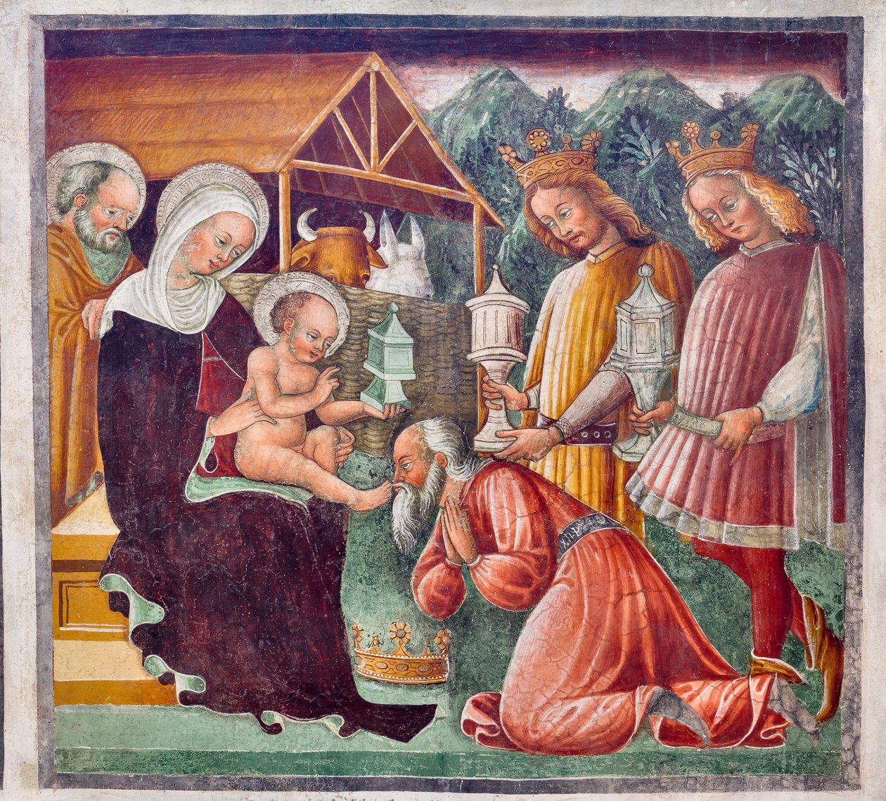 Adoração dos Magos, detalhe da Vida de Jesus de Giacomo Borlone de Buschis