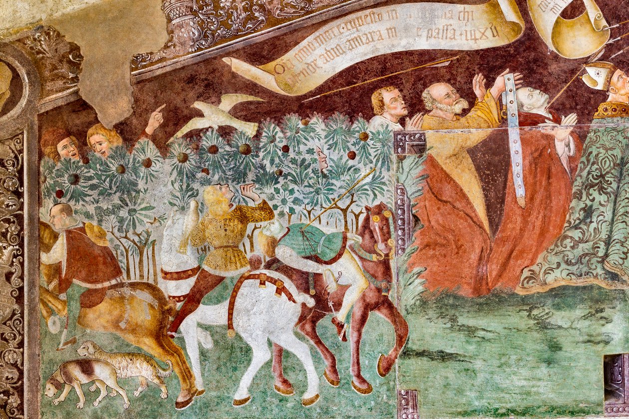 A morte num sarcófago onde jazem o Papa morto e o Imperador, detalhe do Triunfo da Morte e da Dança da Morte de Giacomo Borlone de Buschis