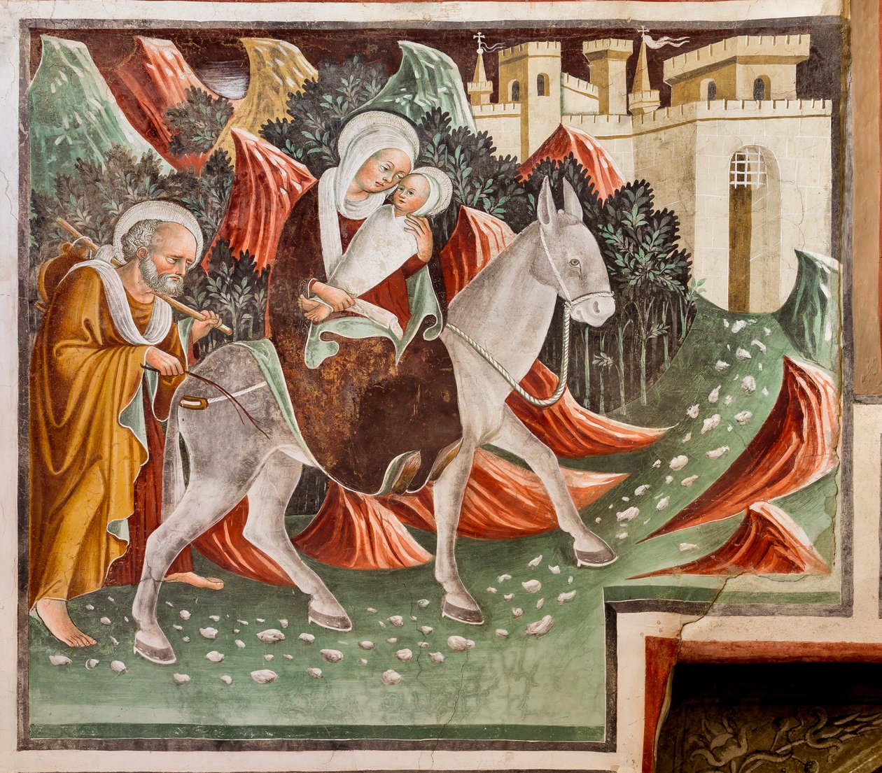 Fuga para o Egito, detalhe da Vida de Jesus de Giacomo Borlone de Buschis