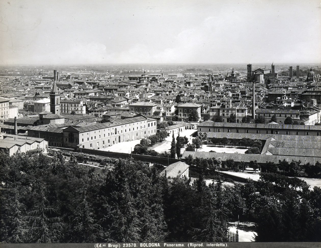 Vista panorâmica de Bolonha com fábricas e uma praça. de Giacomo Brogi