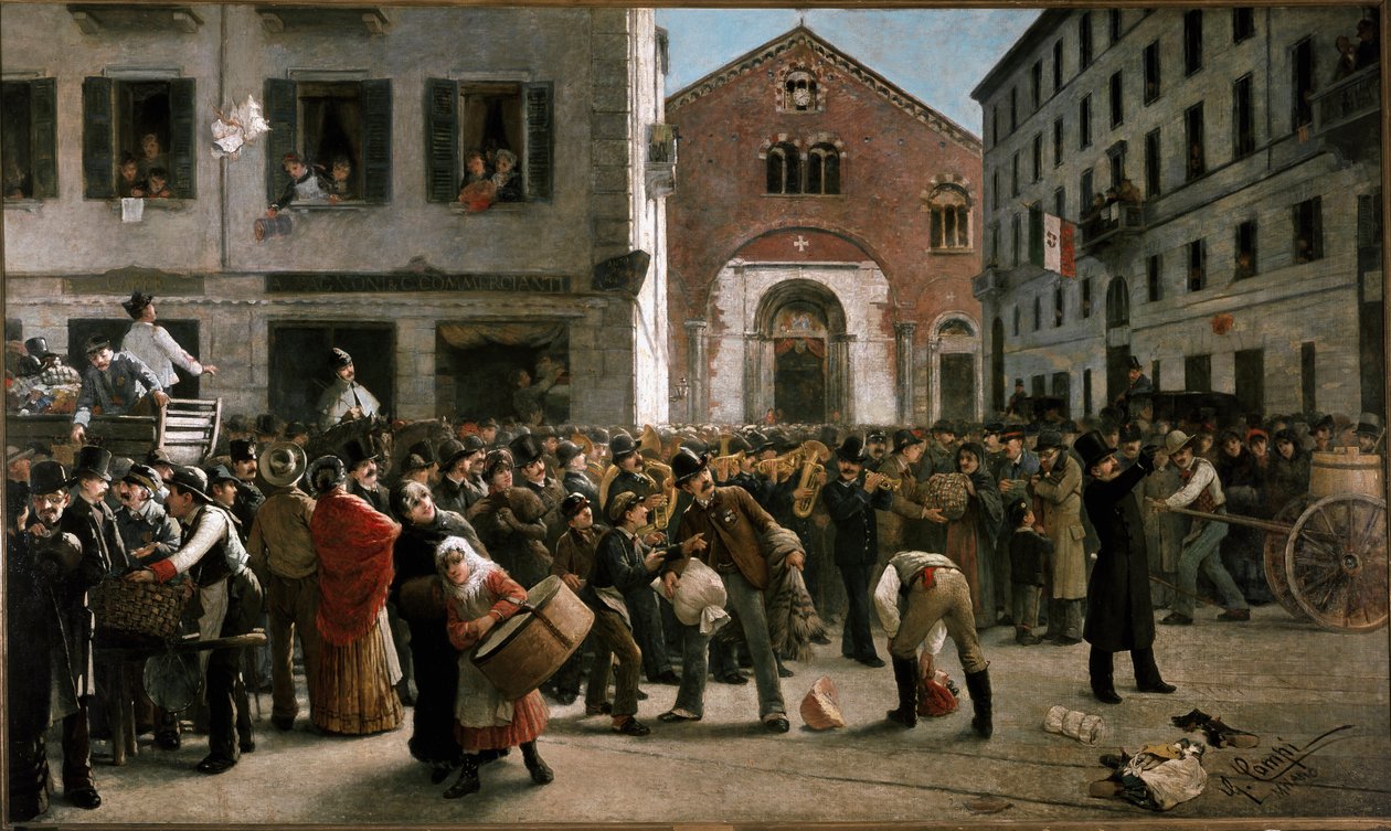 Arrecadação de fundos no corso Garibaldi em Milão para as vítimas das inundações perto de Verona, 24 de dezembro de 1882 (Pintura de Giacomo Campi