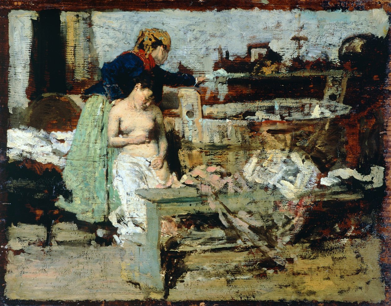 Depois do banho (óleo sobre madeira) de Giacomo Favretto