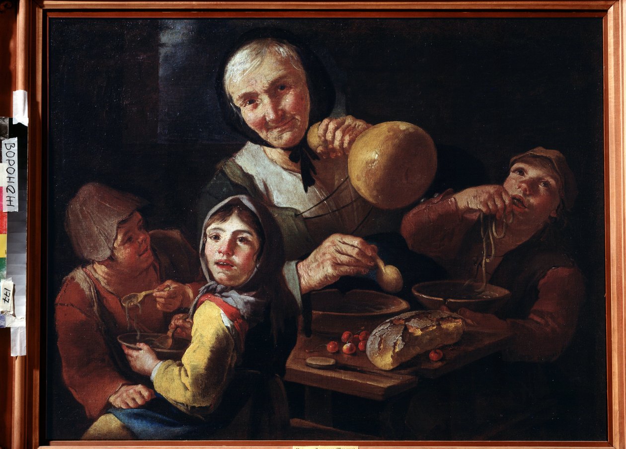 "" A Refeição do Camponês "" (A Refeição do Camponês) Uma velha camponesa e três crianças tomando café da manhã com sopa, cerejas e pão. Pintura de Giacomo Francesco Cipper (1664-1736) Museu de Belas Artes do século XVIII Ivan Kramskoy (ou Kramskoi) em Vor de Giacomo Francesco Cipper