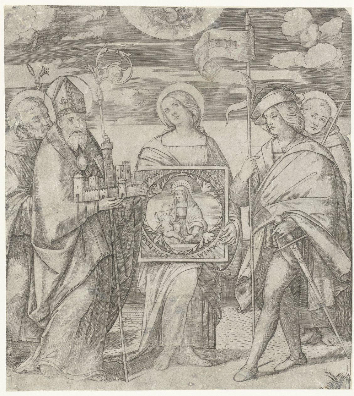 Cinco santos padroeiros de Bolonha com imagem de Maria de Giacomo Francia