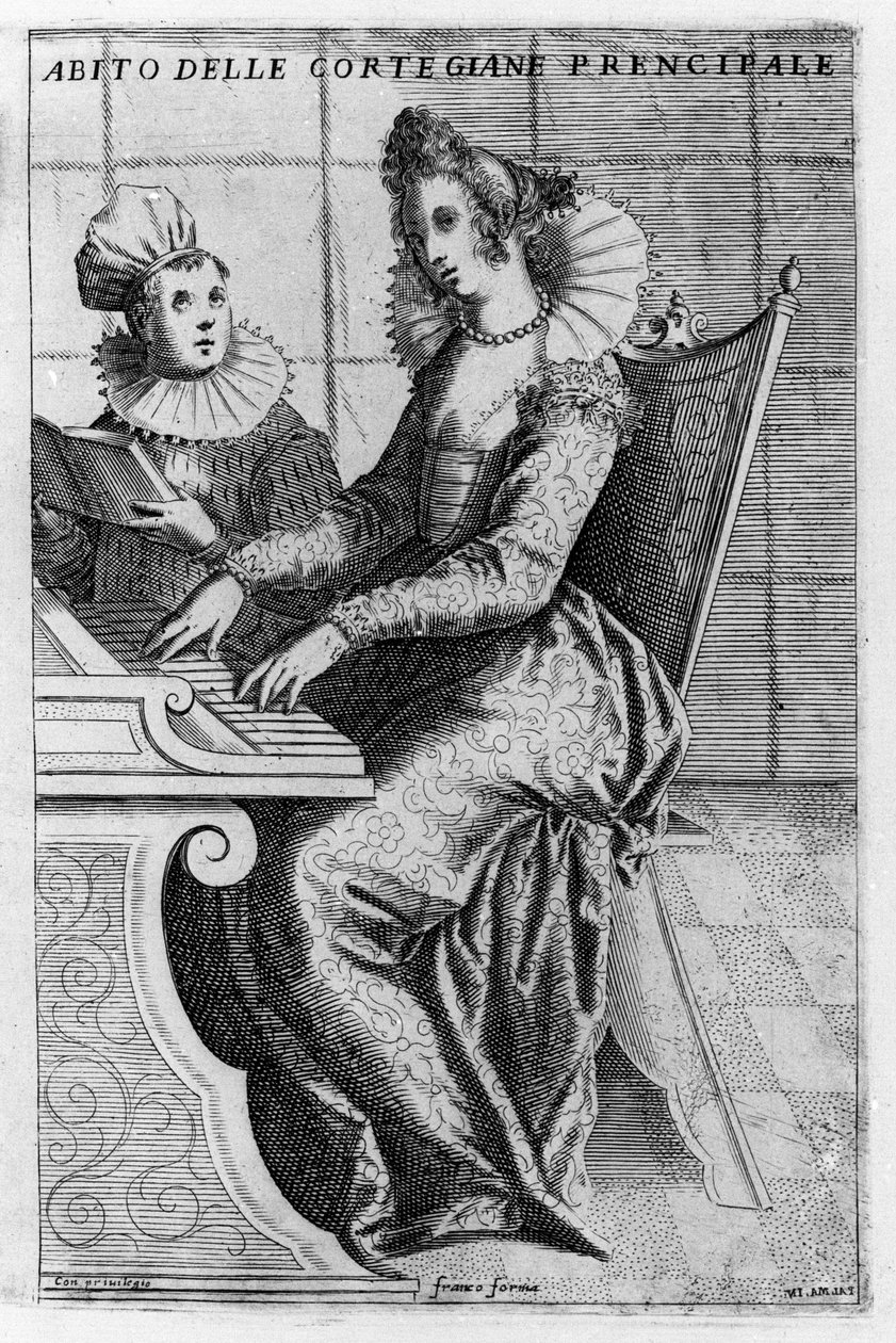 Uma cortesã de vestido elegante a tocar piano. Gravura de Giacomo Franco (1550-1620) de "Veneza, usos e costumes", cerca de 1597. de Giacomo Franco