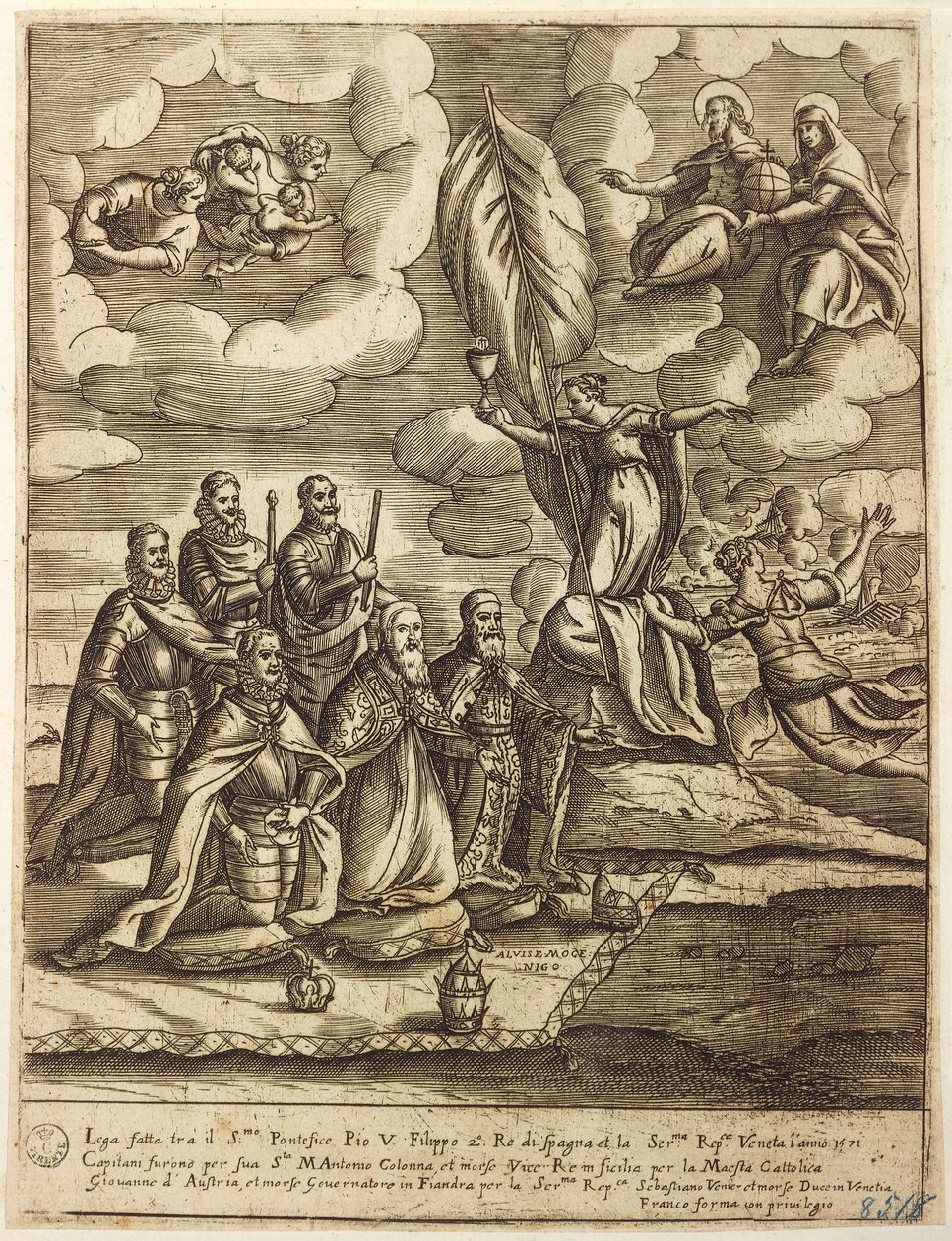 Alegoria de Santa Liga de 1571 estipulada pelo Papa Pio V, Filipe de Espanha e Doge de Veneza Alvise Mocenigo, gravura de Giacomo Franco (1556-1620) de Giacomo Franco
