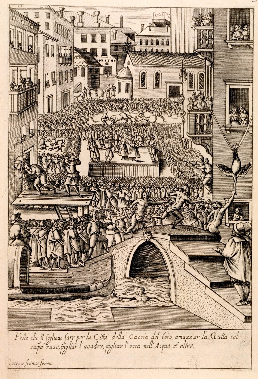 Animal Baiting no Venetian &39;Festival of the Hunt&39;, ilustração da série &39;Habiti d&39;Huomini e Donne Venetiane&39;, publicada c.1610 de Giacomo Franco