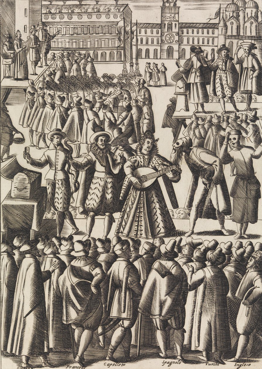 Entretenimento que os charlatães dão todos os dias na Piazza di S. Marco al Populo ..., ca. 1610. de Giacomo Franco