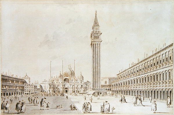 Vista da Piazza San Marco olhando para a Basílica e Campanile (caneta e tinta com lavagem em papel) de Giacomo Guardi