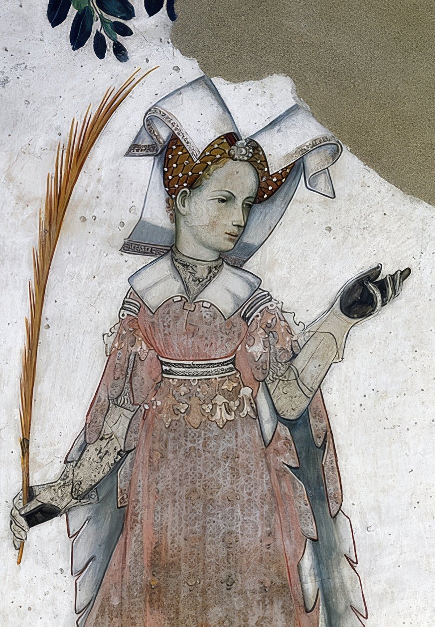 Representação dos margraves de Saluzzo e seu consorte como heróis e heroínas históricos e mitológicos. Detalhe: Marguerite de Roussy, esposa de Tommaso III. como Teuca. 1418-30 de Giacomo Jaquerio