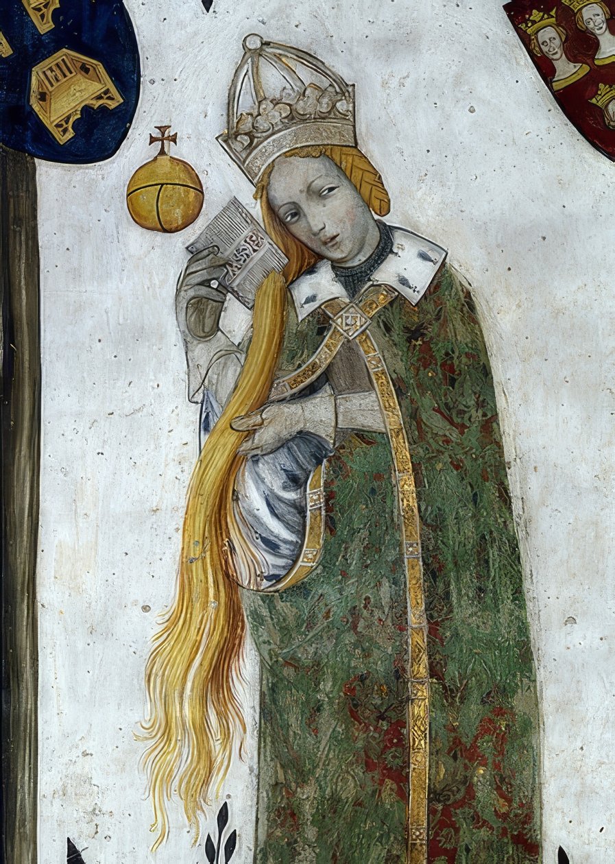 Representação dos margraves de Saluzzo e seu consorte como heróis e heroínas históricos e mitológicos. Detalhe: Beatrice Visconti como Aetiope, consorte Fredericos I. 1418-30 de Giacomo Jaquerio