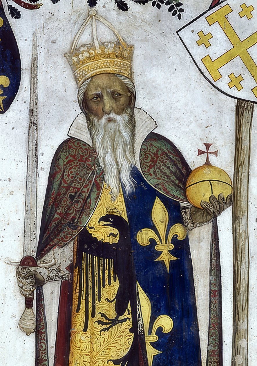 Representação dos margraves de Saluzzo e seu consorte como heróis e heroínas históricos e mitológicos. Detalhe: Manfredo III. como Carlos Magno. 1418-30 de Giacomo Jaquerio