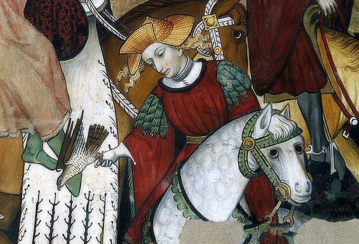 A fonte da juventude. Detalhe: um falcoeiro com seu pássaro. 1418-30 de Giacomo Jaquerio