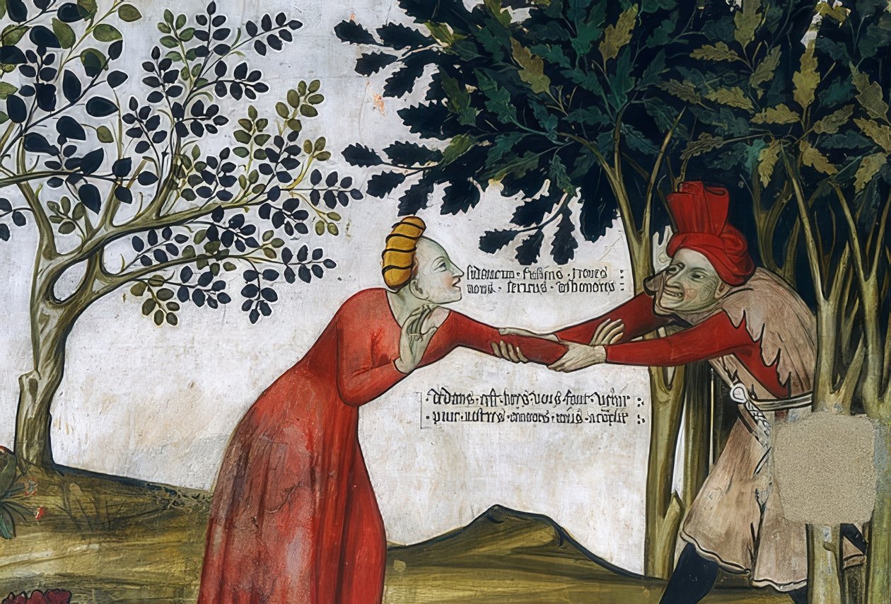 A fonte da juventude. Detalhe: um homem puxa uma mulher para os arbustos. 1418-30 de Giacomo Jaquerio
