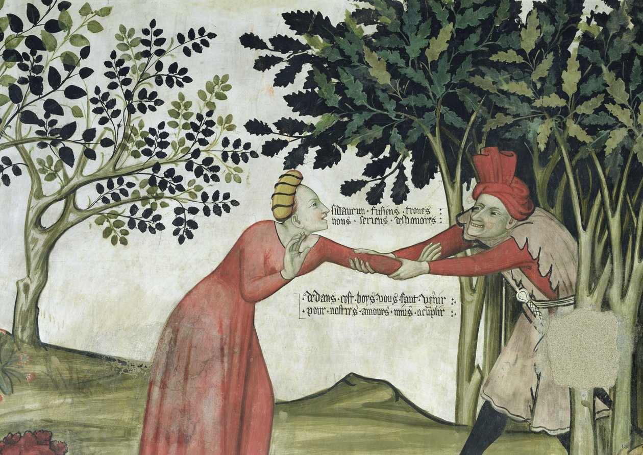 A Fonte da Vida, detalhe de um homem a puxar uma mulher para dentro de um matagal de Giacomo Jaquerio