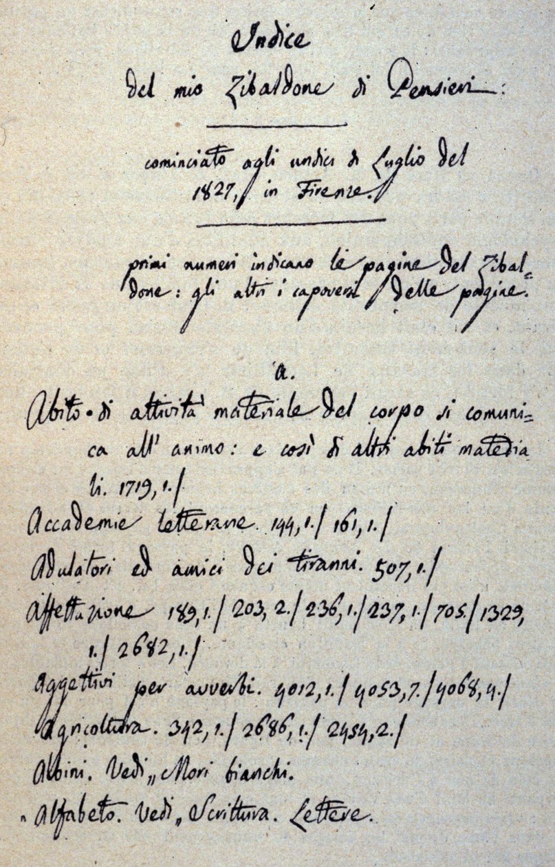 Incipito do manuscrito do Zibaldone (ou "Pensieri") de Giacomo Leopardi (1798 - 1837). 1817-1832 de Giacomo Leopardi