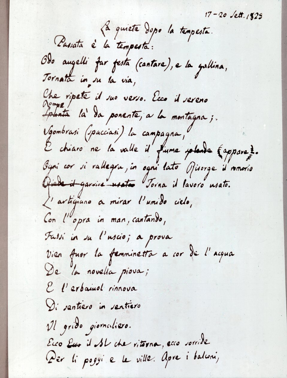 Manuscrito do seu poema "A quietude depois da tempestade" de Leopardi. 1829 (documentos ) de Giacomo Leopardi