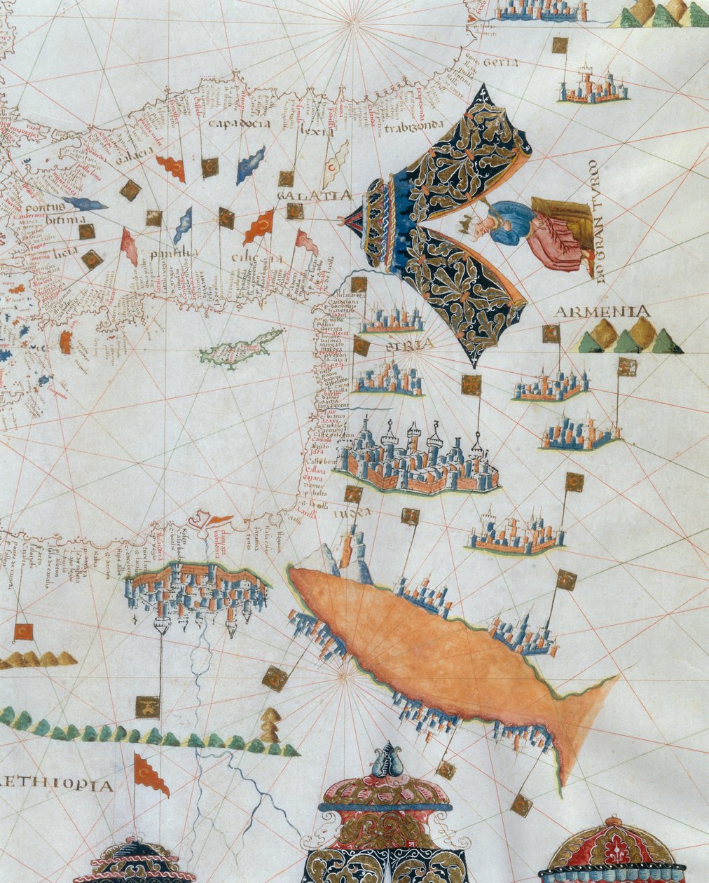Um mapa náutico, detalhe do Gran Turco, 1564 de Giacomo Maggiolo