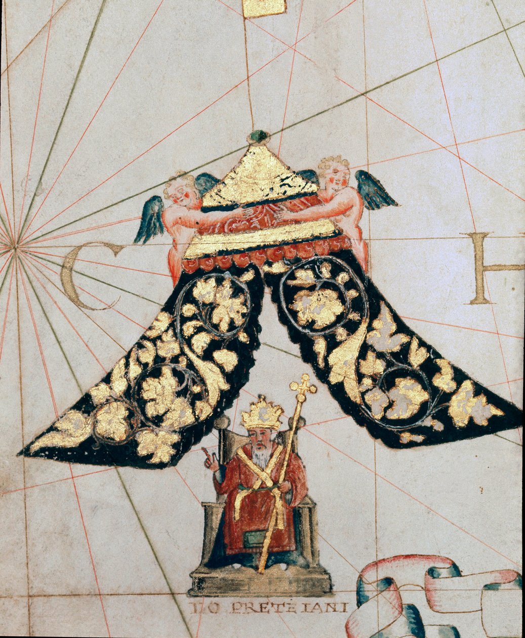 Representação do Sacerdote João, governante de um reino cristão localizado em direção à Etiópia (Detalhe de um mapa do século 16) de Giacomo Maggiolo