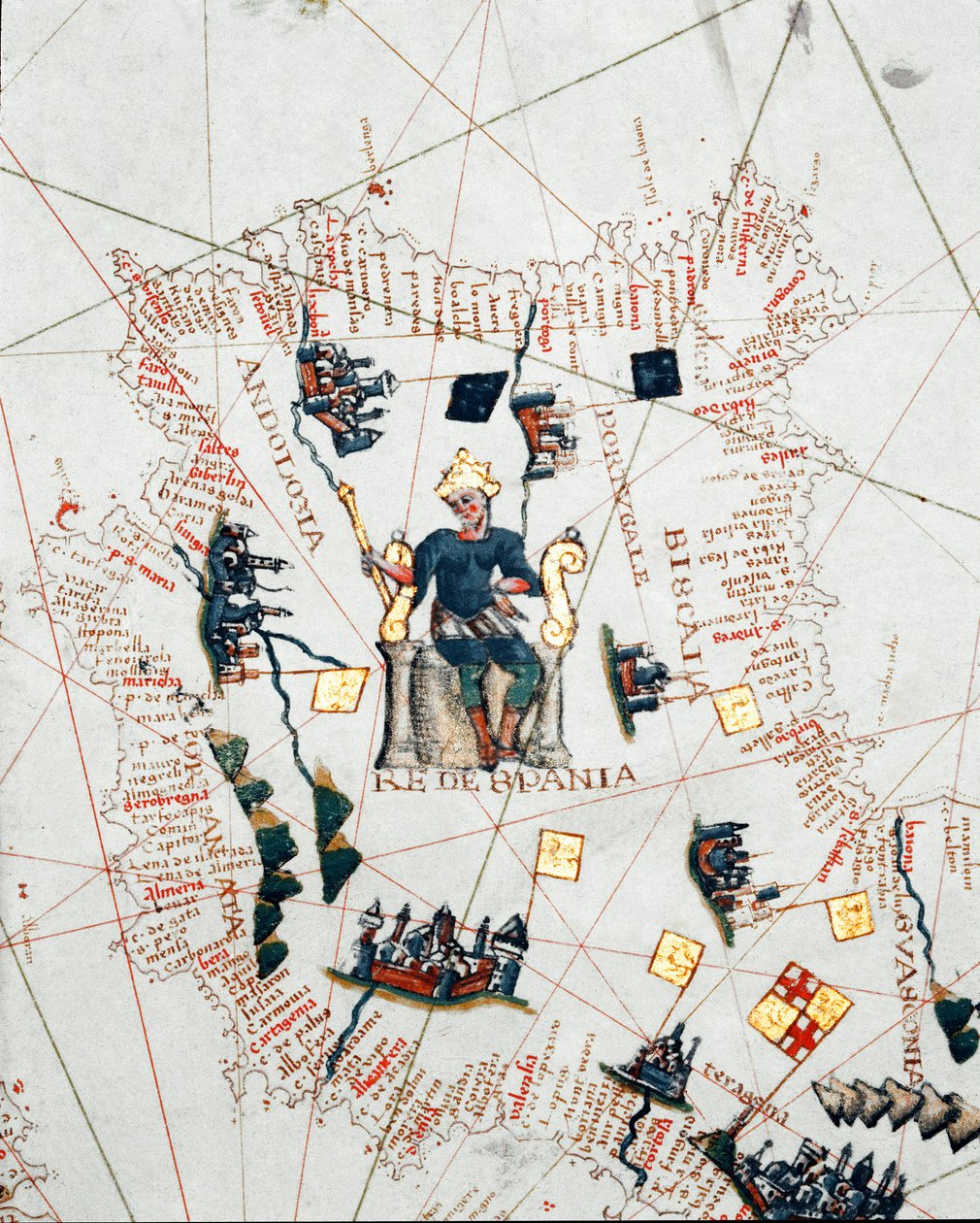 Representação do Rei de Espanha e das costas da Europa e do Norte de África (portulan de Giacomo Maggiolo