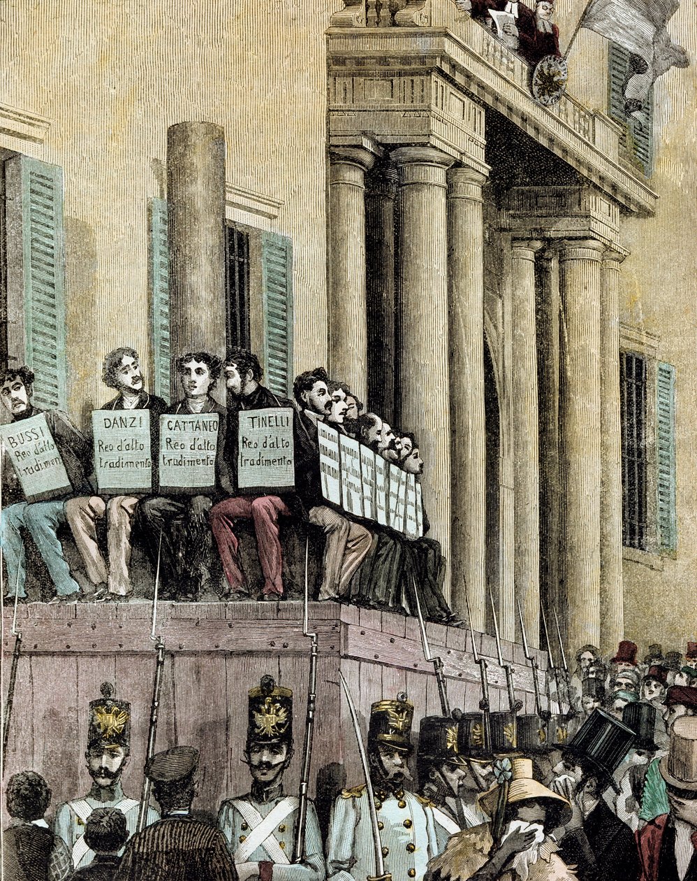 Risorgimento: "membros do movimento Giovine Italia (incluindo Carlo Cattaneo (1801-1869), Tinelli, Danzi, Bussi) sentados em frente ao Palácio da Justiça em Milão, ouvindo a sentença que os condenava ao exílio em 1848" 1884 Litografia de Manteg de Giacomo Mantegazza