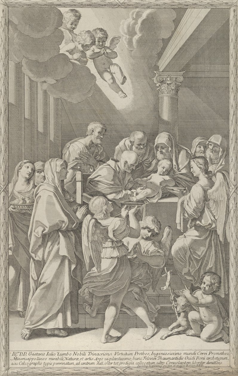 A circuncisão de Cristo, um grupo de homens, mulheres e anjos que o cercam, os tu..., 1687-1717. de Giacomo Maria Giovannini