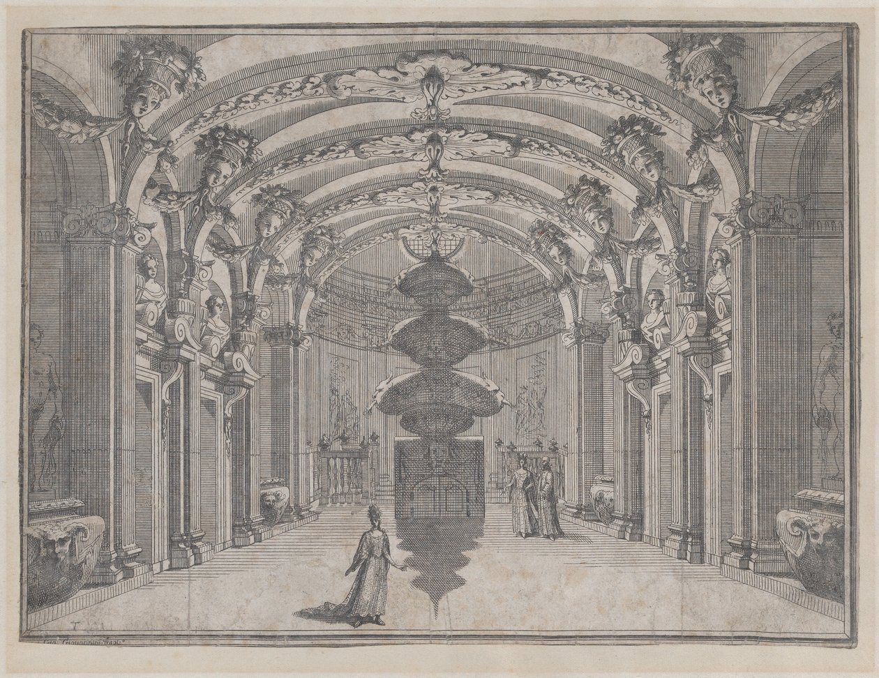 Cena teatral em grande salão com teto abobadado e escultura central, ..., ca. 1687-1717. de Giacomo Maria Giovannini