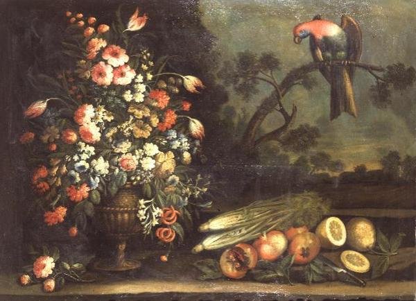 Natureza morta, flores mistas, legumes e papagaio de Giacomo Nani