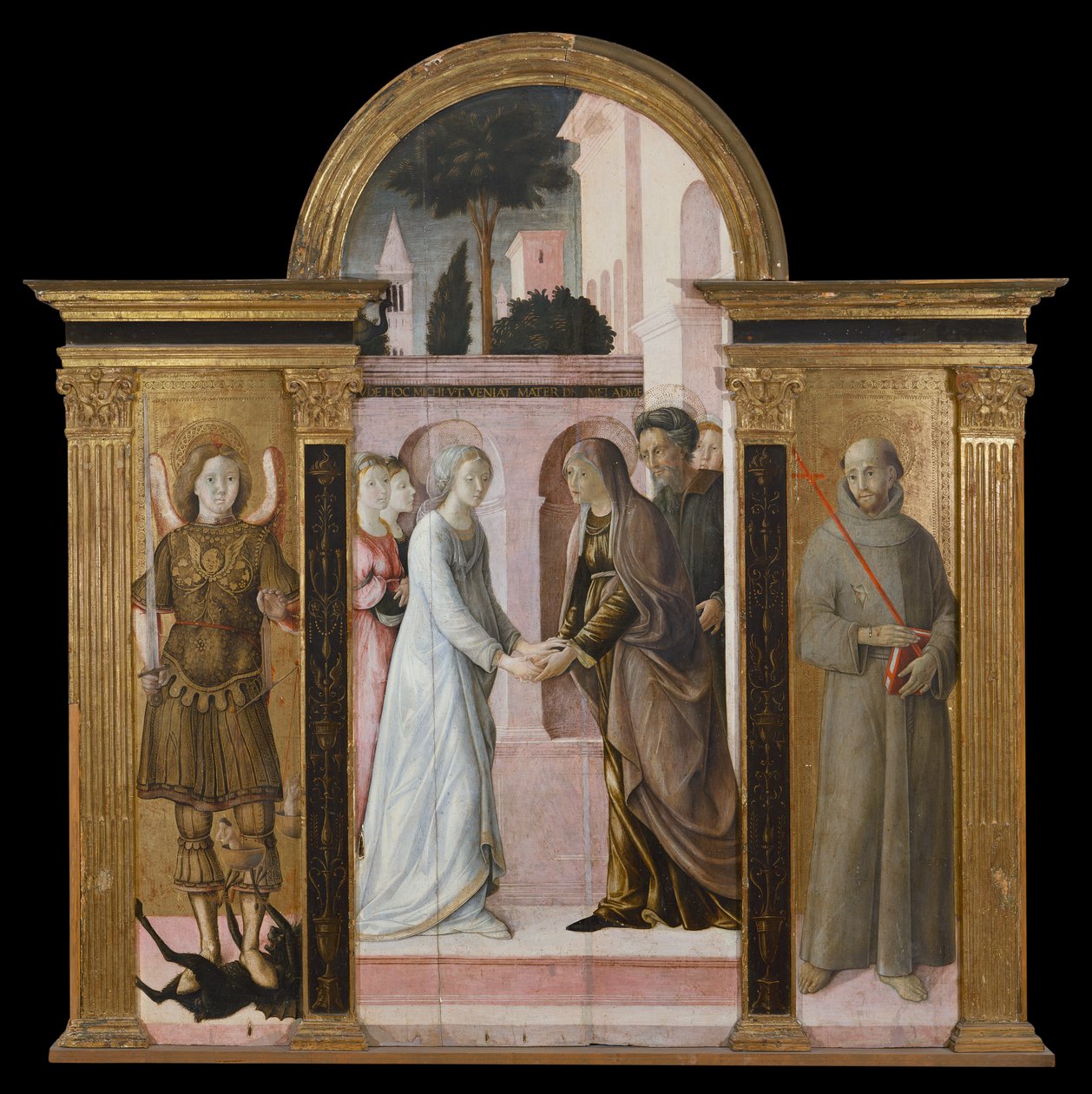 Tríptico: A Visitação, entre São Miguel e São Francisco (pintura sobre madeira) de Giacomo Pacchiarotti