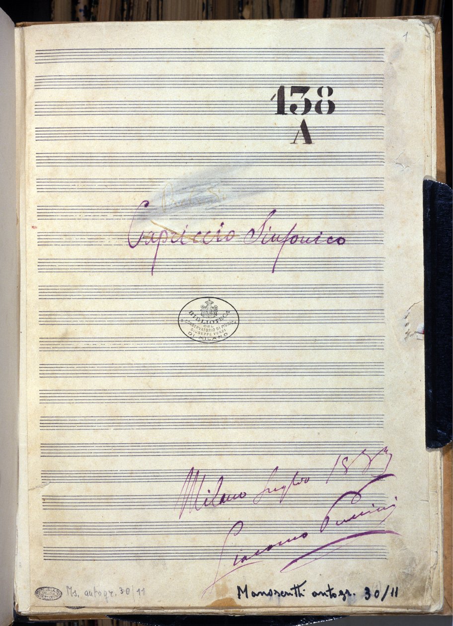 Manuscrito de "Cappriccio sinfonico" do compositor Giacomo Puccini (1858-1924) 1883. Biblioteca do Conservatório Giuseppe Verdi, Milão de Giacomo Puccini