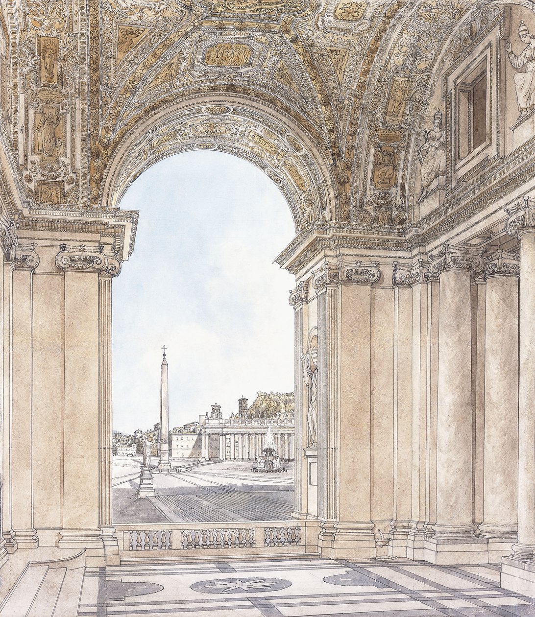 Vista da Piazza San Pietro, em Roma, voltada para o sul a partir do Pórtico da Basílica, antes de 1779 de Giacomo Quarenghi