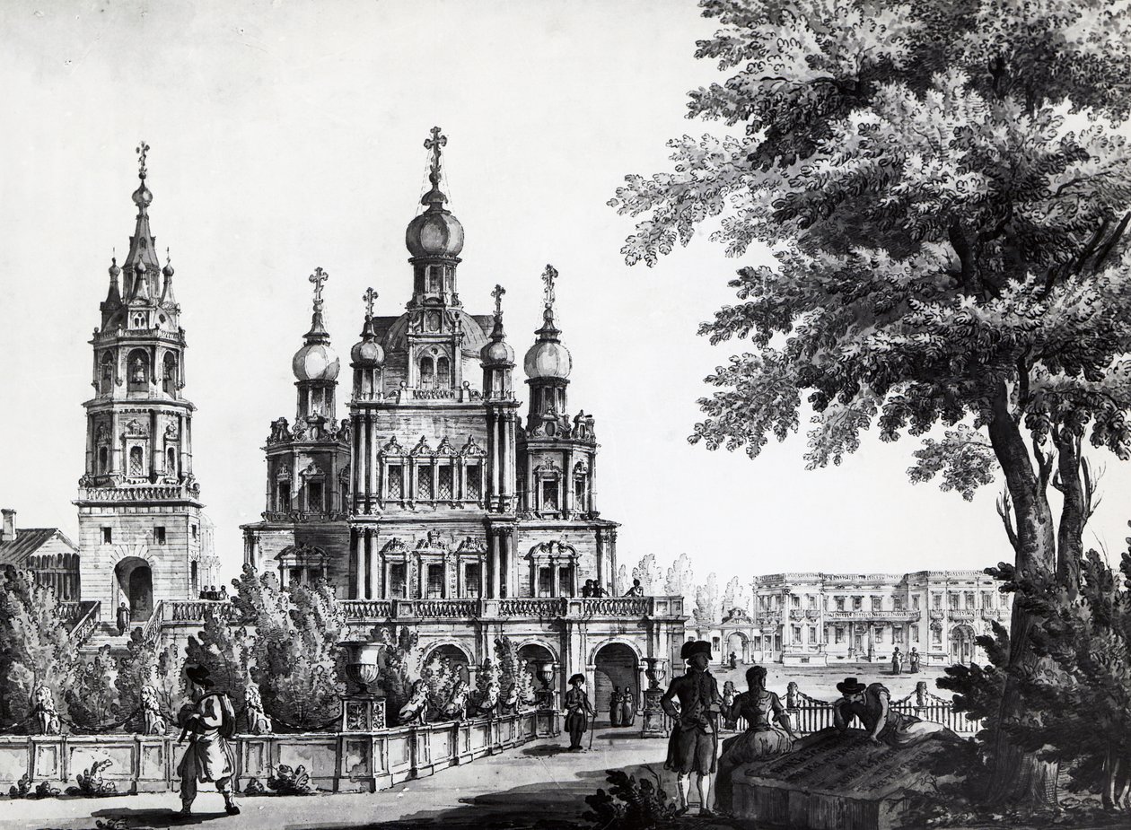 Igreja da Assunção e Palácio Gagarin em Moscou, desenho de Giacomo Quarenghi Domenico (1744-1817), gravura, Rússia de Giacomo Quarenghi