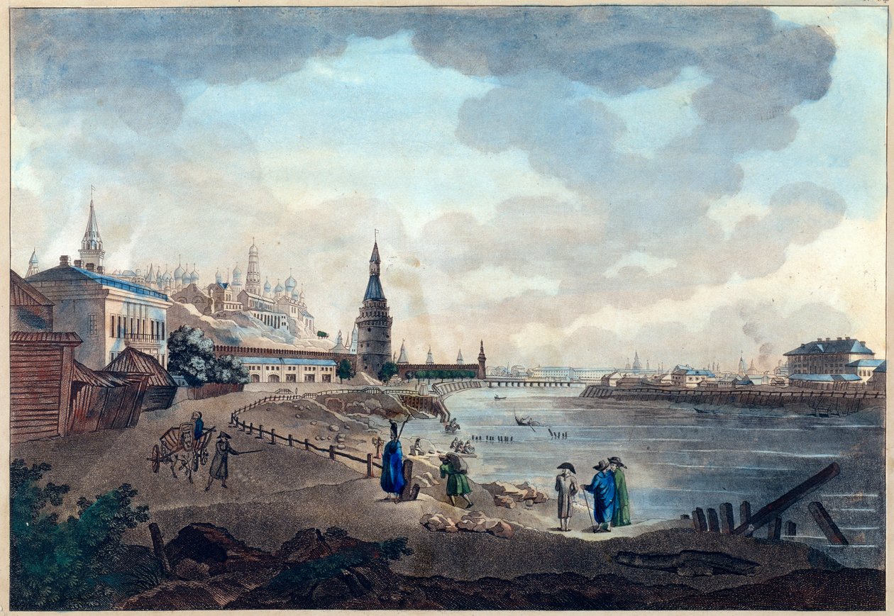 Vista do Kremlin de Moscou tirada da ponte de pedra sobre o Moscovo (Moskva ou Moskwa). Obra de Giacomo Antonio Domenico Quarenghi (1744-1817), aquarela e tinta sobre papel, por volta de 1790. Arte italiana de Giacomo Quarenghi