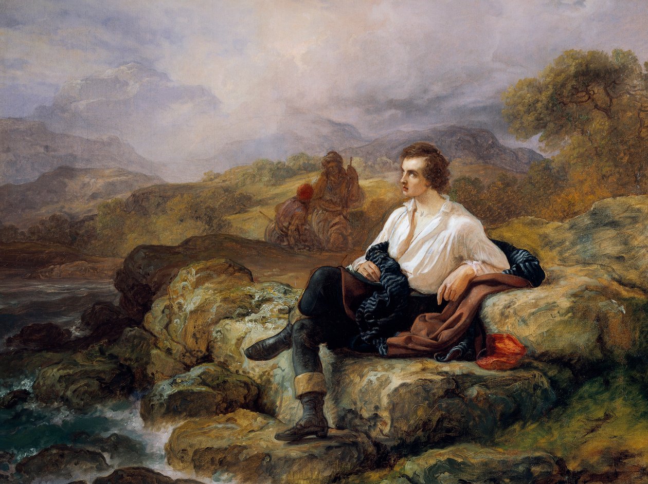 Lord Byron (1788-1824) na costa do mar helénico, por Giacomo Trecourt (1812-1882), óleo sobre tela de Giacomo Trecourt