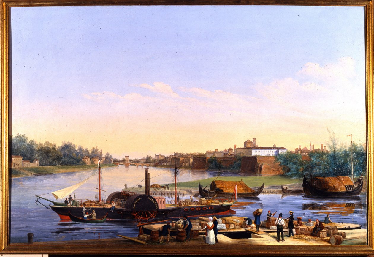 Vista do porto de Pavia (Pavia) no Pó e o barco a vapor Principessa Clementina””””” Pintura de Giacomo Trecourt (1812-1882) Século XIX de Giacomo Trecourt