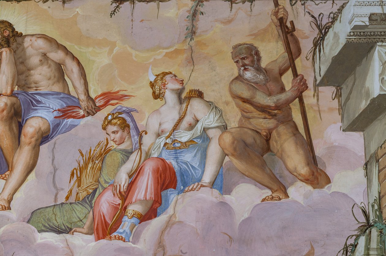 Ceres (deusa da colheita com um feixe de espigas) e Diana (deusa da caça com o arco), detalhe da Sala do Olimpo, c.1557 (fresco) de Giambattista Zelotti