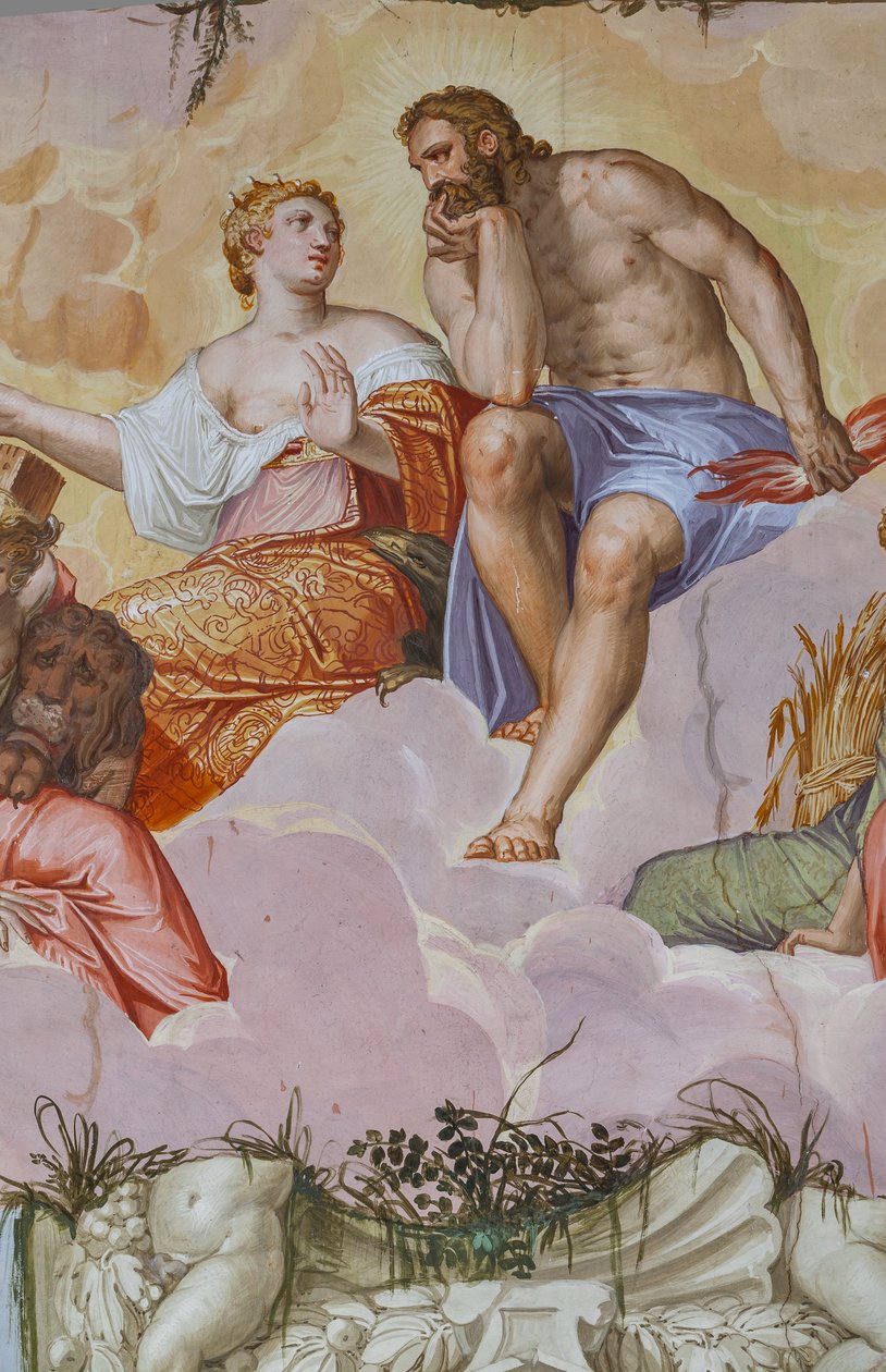 Juno e Júpiter deitados nas nuvens, acima das ruínas arquitetônicas, detalhe da Sala do Olimpo, c.1557 (fresco) de Giambattista Zelotti