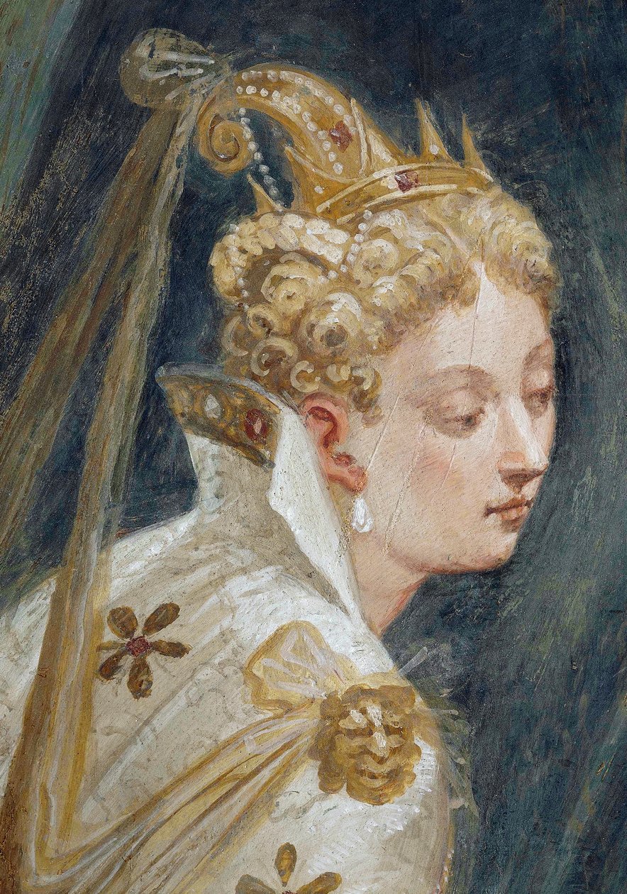 O rosto de Sophonisba, detalhe do fresco Sophonisba é oferecido veneno na presença do seu filho de Giambattista Zelotti