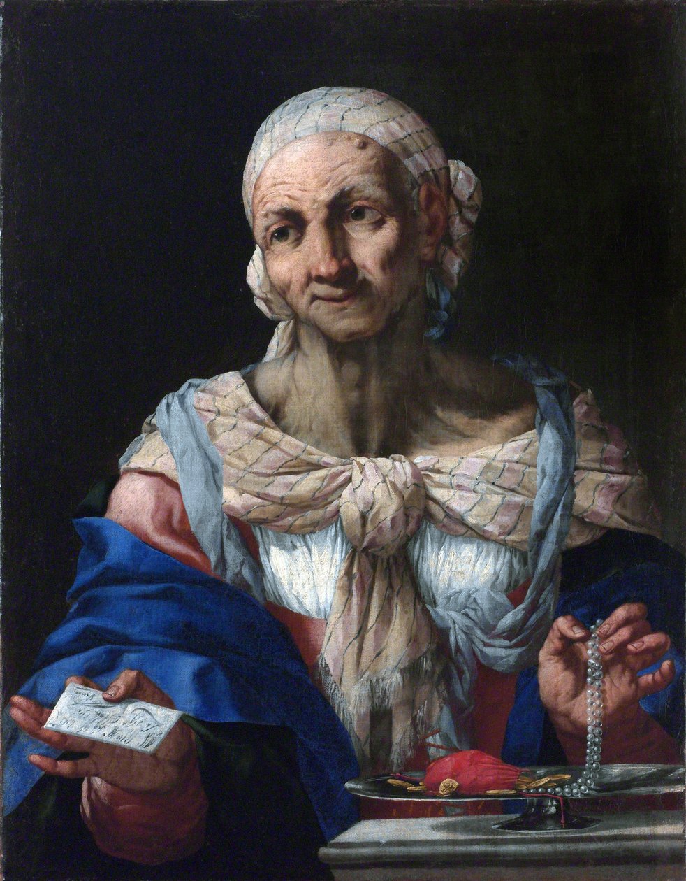 Vieille femme avec un collier de perles et une lettre (vanite) - Velha Mulher com Colar de Pérolas e Carta (Vanitas) - Giovan Battista Langetti (1635-1676). Óleo sobre tela, ca. 1663. Galeria Nacional, Praga de Giambattista Langetti