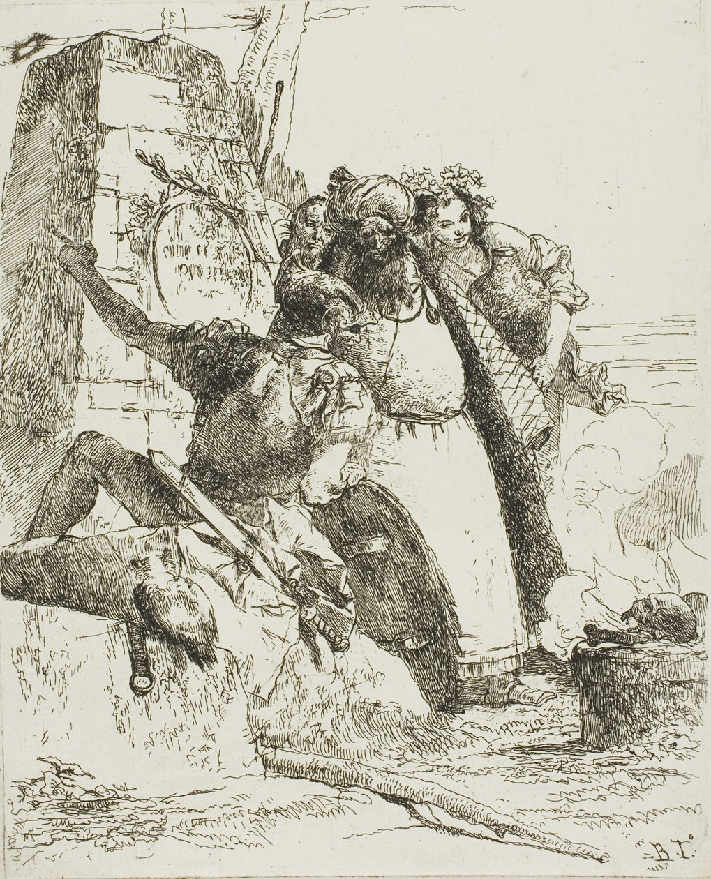Um mágico, um soldado e três figuras observando uma caveira em chamas, de Scherzi de Giambattista Tiepolo