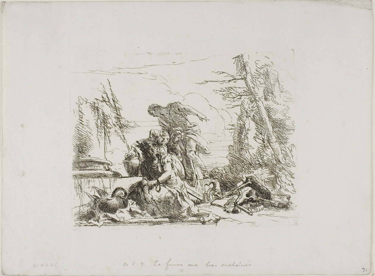Uma mulher com os braços acorrentados e quatro outras figuras, de Capricci de Giambattista Tiepolo