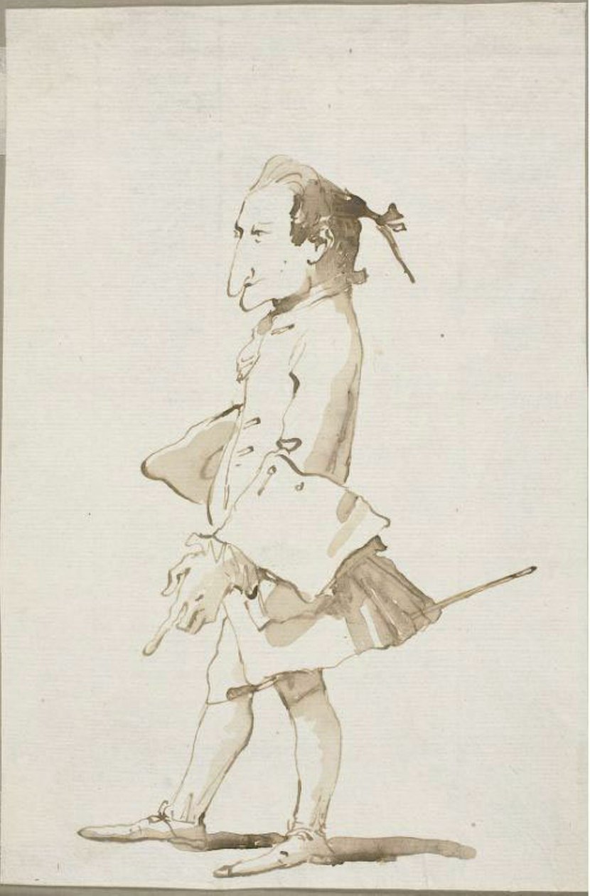 Caricatura de um homem, de corpo inteiro, virado para a esquerda de Giambattista Tiepolo